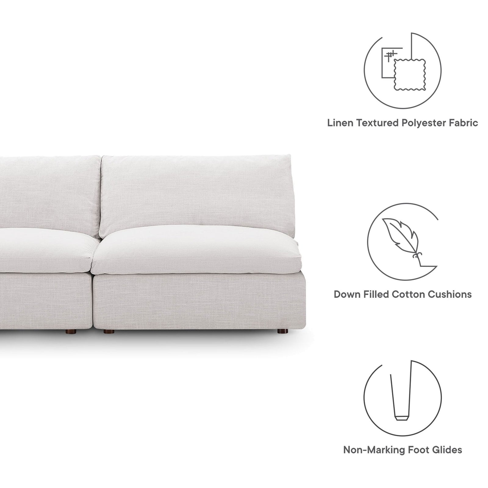 Beige modular loveseat with linen textured polyester fabric, down filled cushions, and foot glide icons || EEI-7042-BEI || callout_studio