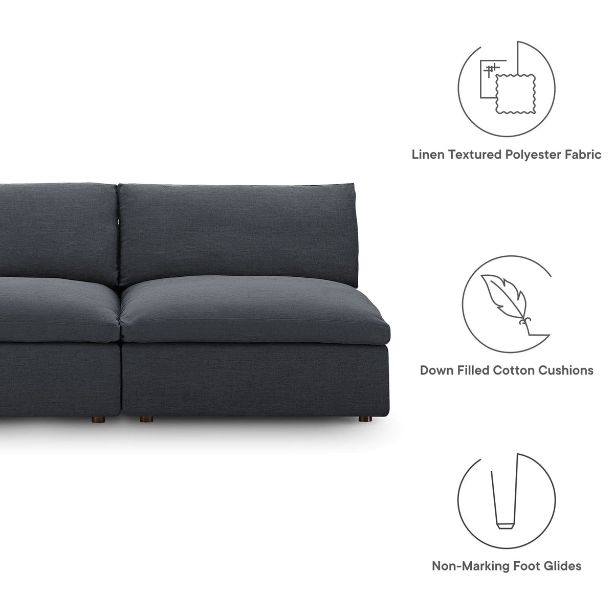 Feature callouts highlighting linen textured fabric, down filled cushions, and non-marking foot glides || EEI-7042-GRY || callout_studio