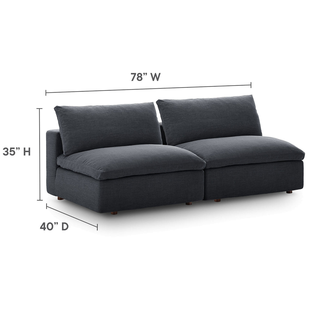 Dimension diagram of the Commix armless loveseat showing overall width, depth, and height measurements || EEI-7042-GRY || dimension_studio