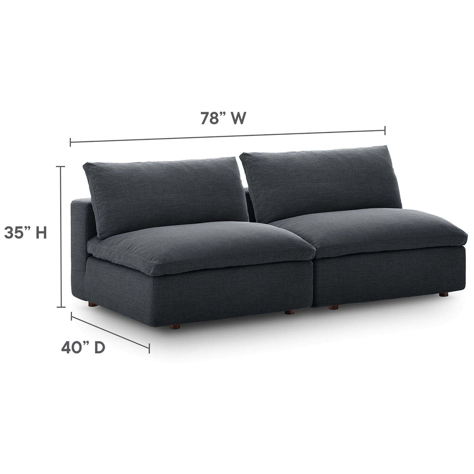 Dimension diagram of the Commix armless loveseat showing overall width, depth, and height measurements || EEI-7042-GRY || dimension_studio