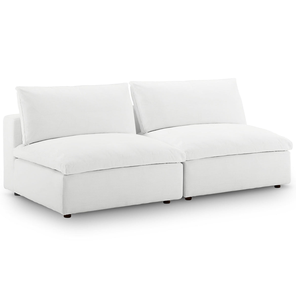 White Commix 2-piece armless loveseat with sink-in down cushions and deep, overstuffed seats for lounging || EEI-7042-WHI || front_angle_studio