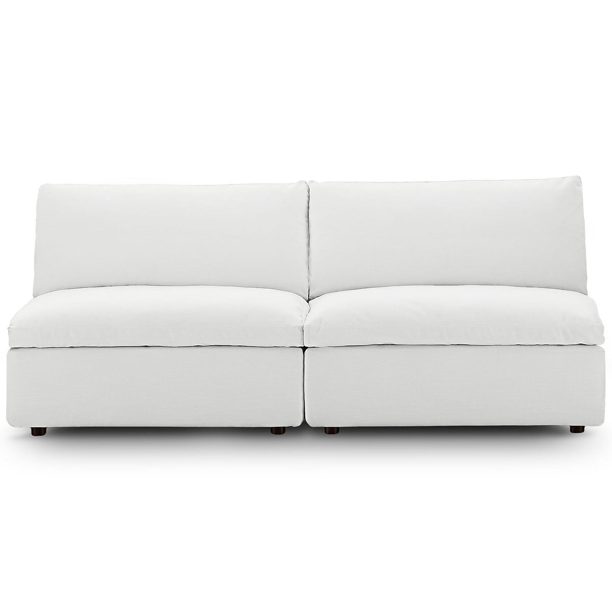 White Commix armless loveseat with wide seat cushions and plush, supportive back pillows for everyday comfort || EEI-7042-WHI || front_studio