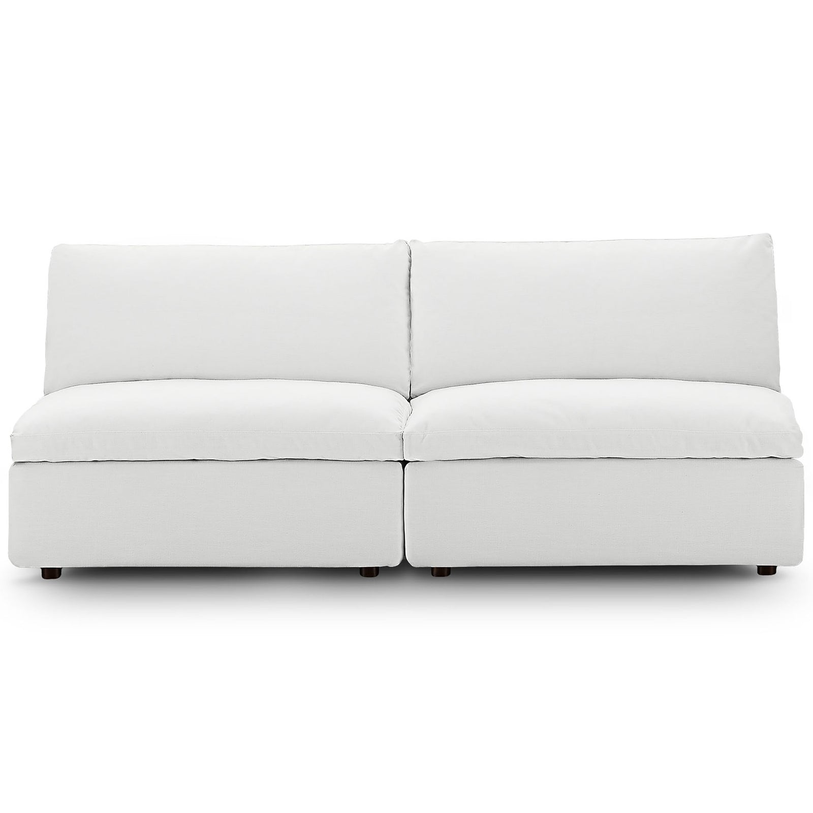 White Commix armless loveseat with wide seat cushions and plush, supportive back pillows for everyday comfort || EEI-7042-WHI || front_studio