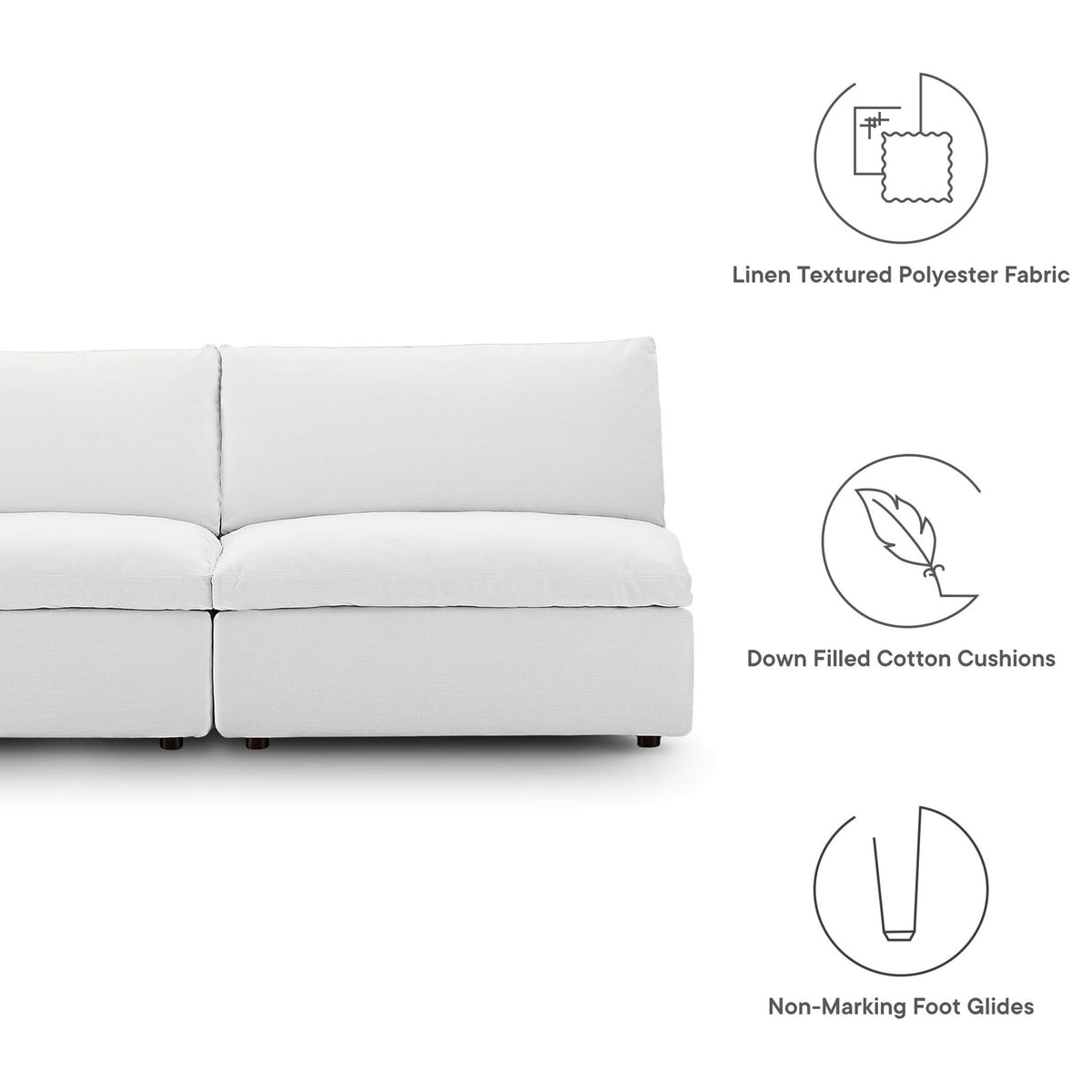 White Commix armless loveseat featuring linen-textured fabric, down-filled cushions, and non-marking glides || EEI-7042-WHI || callout_studio