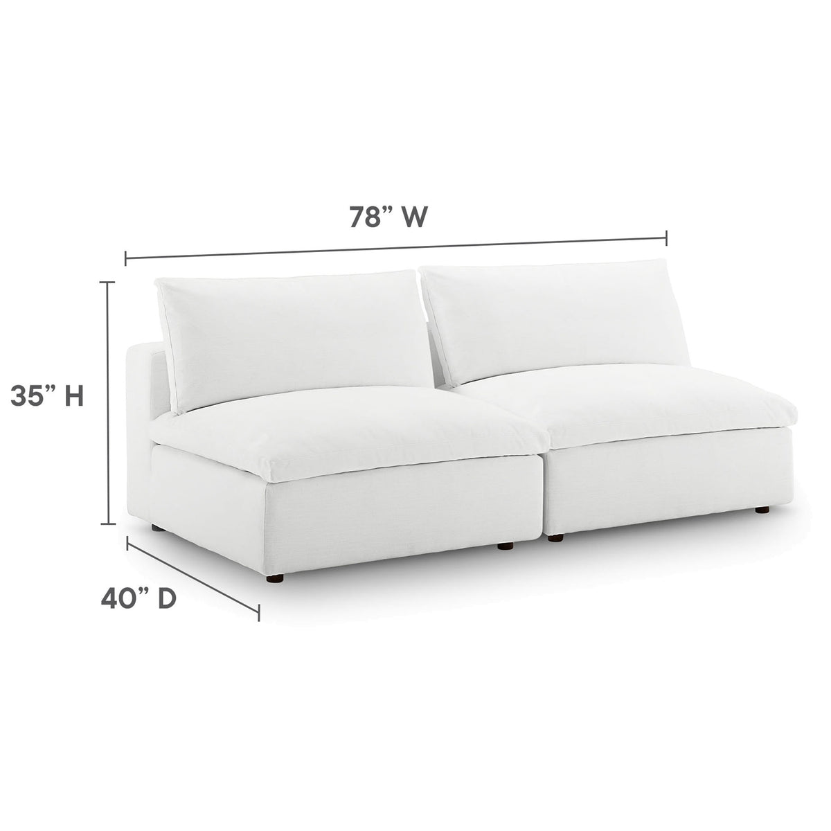 Dimensions of the white Commix 2-piece armless loveseat with 78 inch width, 40 inch depth, and 35 inch height || EEI-7042-WHI || dimension_studio