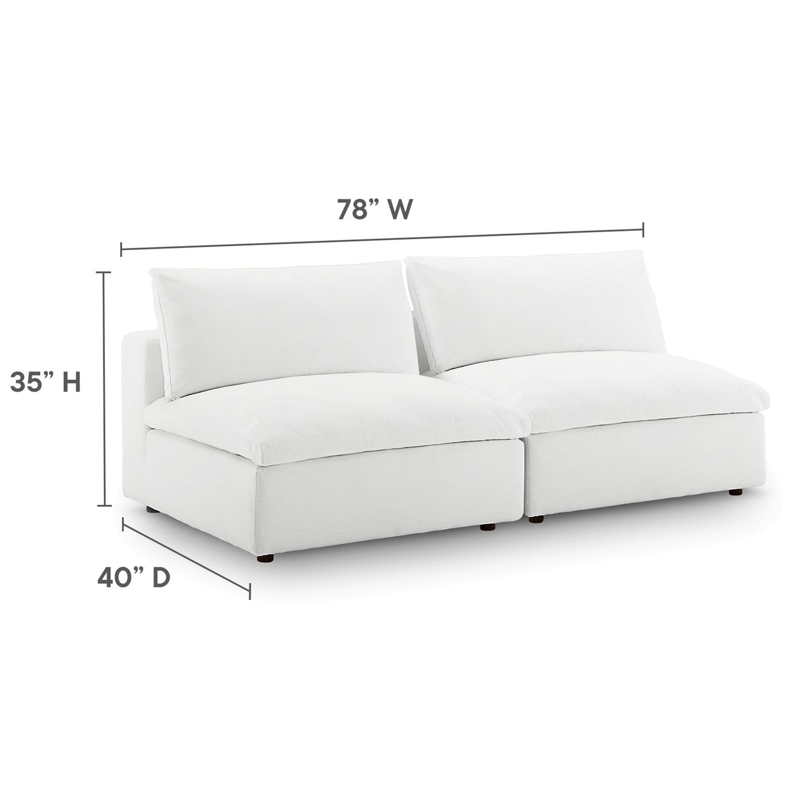 Dimensions of the white Commix 2-piece armless loveseat with 78 inch width, 40 inch depth, and 35 inch height || EEI-7042-WHI || dimension_studio