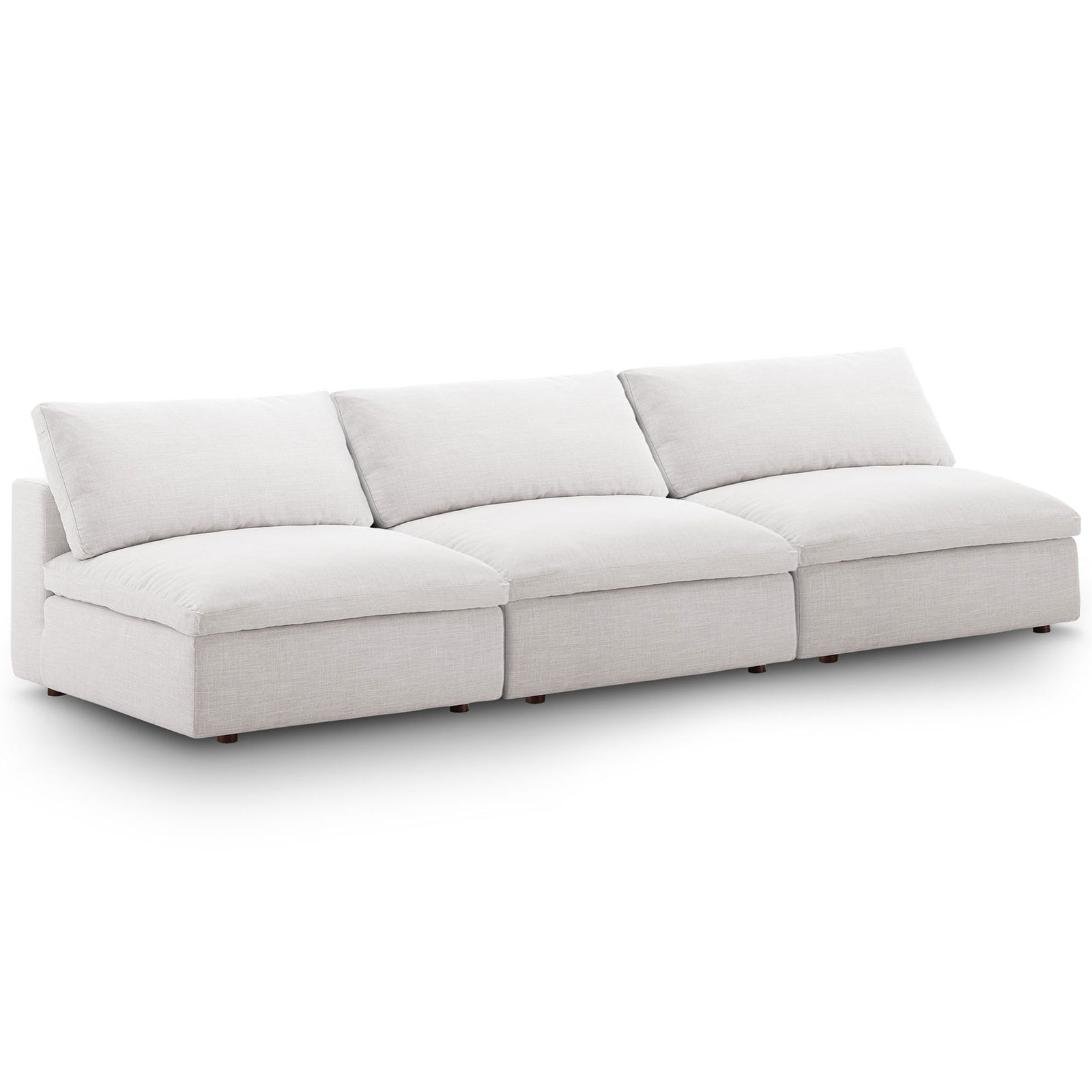 Beige modular three-seat sofa with overstuffed cushions and low, deep seating for relaxed lounging. || EEI-7043-BEI || front_angle_studio