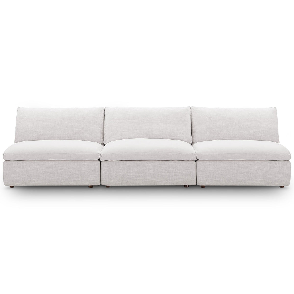 Clean-lined beige three-piece armless sofa with plush back cushions and tailored linen-textured upholstery. || EEI-7043-BEI || front_studio