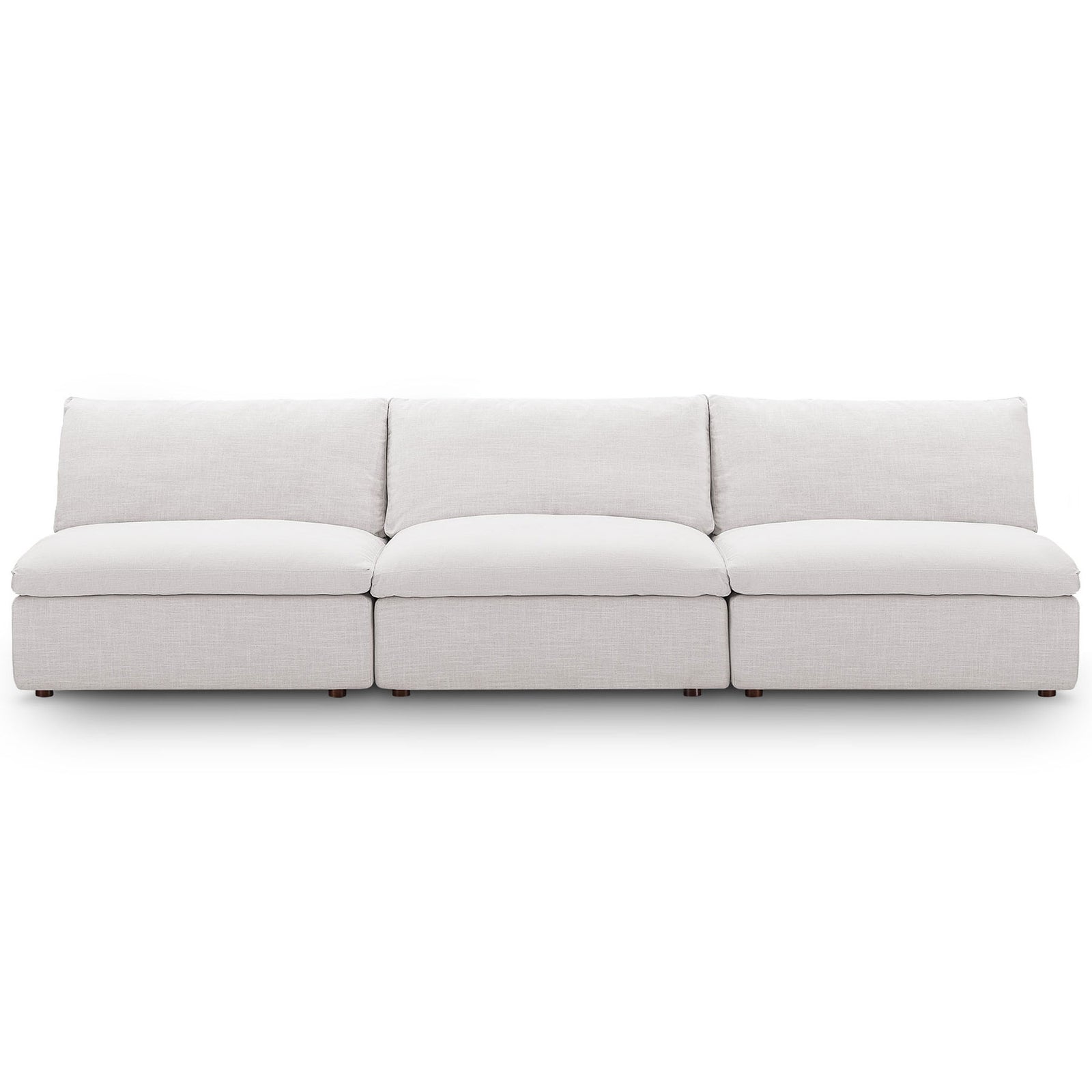 Clean-lined beige three-piece armless sofa with plush back cushions and tailored linen-textured upholstery. || EEI-7043-BEI || front_studio