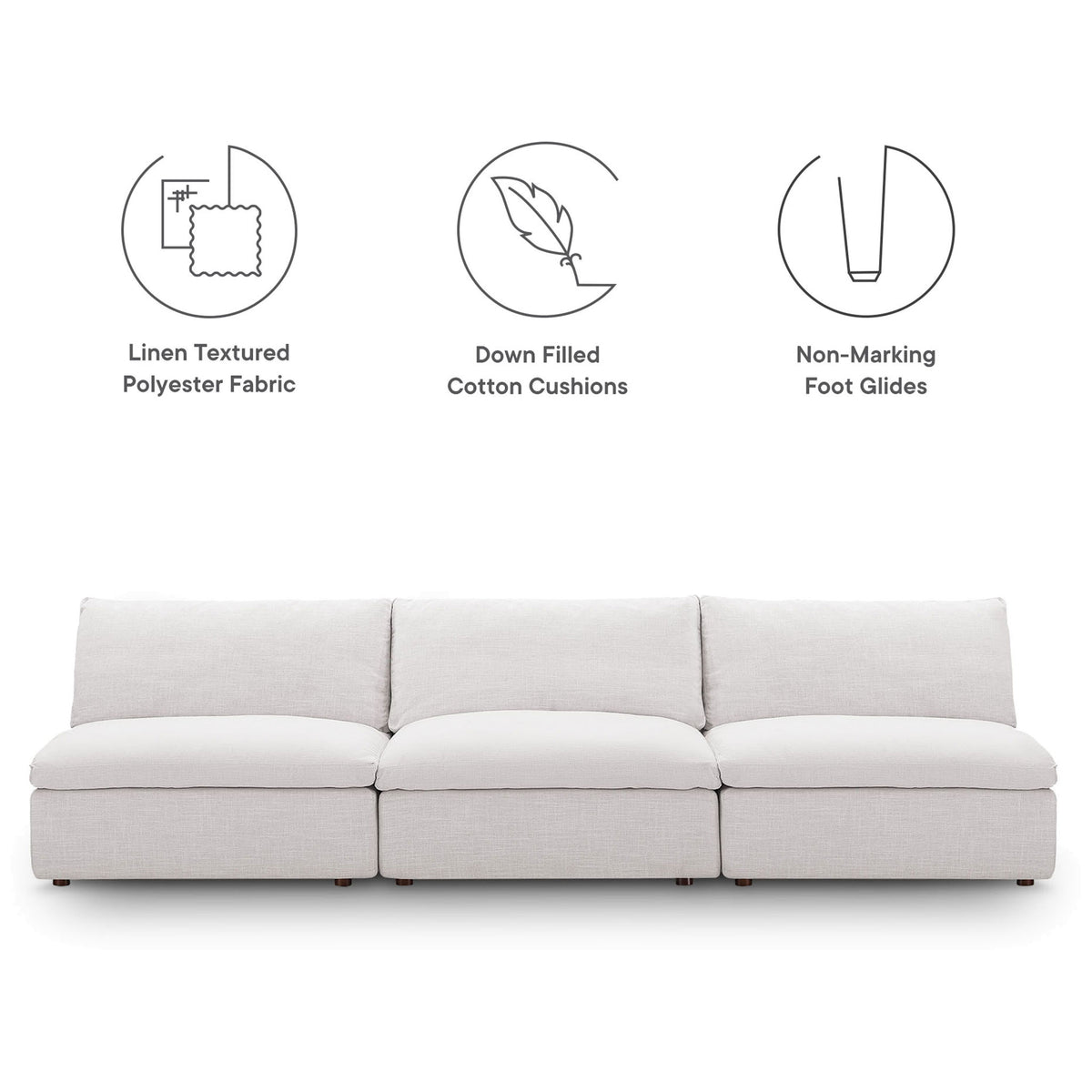 Beige modular sofa emphasizing linen-textured fabric, down-filled cushions, and non-marking foot glides. || EEI-7043-BEI || callout_studio