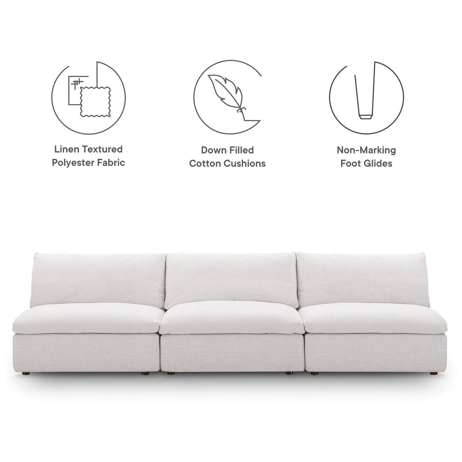 Beige modular sofa emphasizing linen-textured fabric, down-filled cushions, and non-marking foot glides. || EEI-7043-BEI || callout_studio