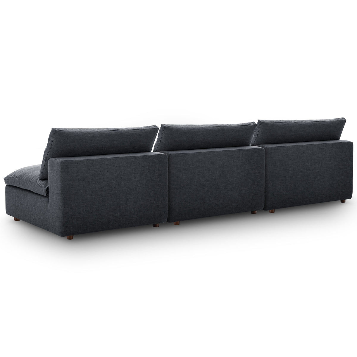 Gray modular sectional sofa displaying the clean upholstered back panels and compact low rise feet for a finished look || EEI-7043-GRY || back_angle_studio