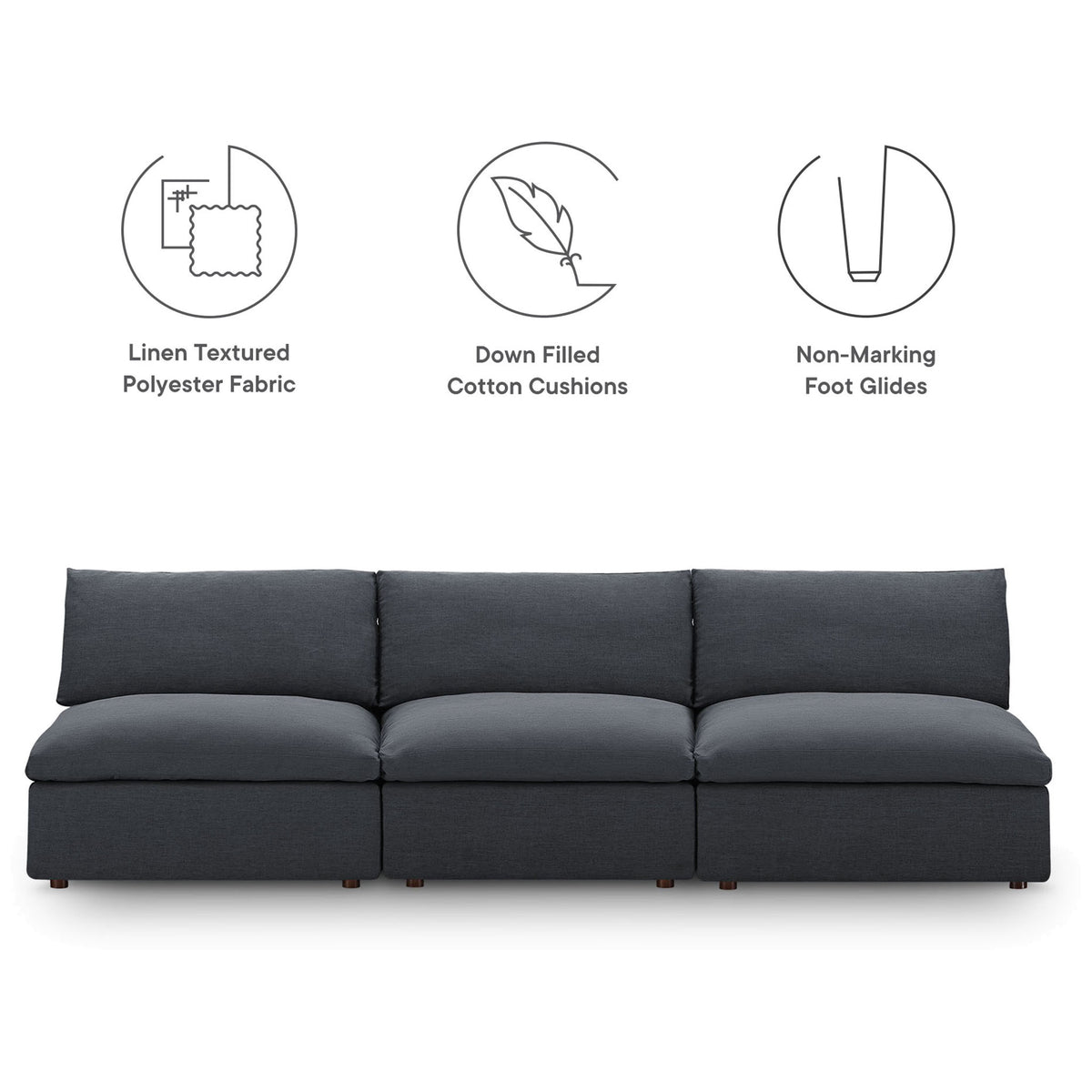 Gray sectional sofa with linen textured polyester fabric, down filled cushions, and non marking foot glides || EEI-7043-GRY || callout_studio