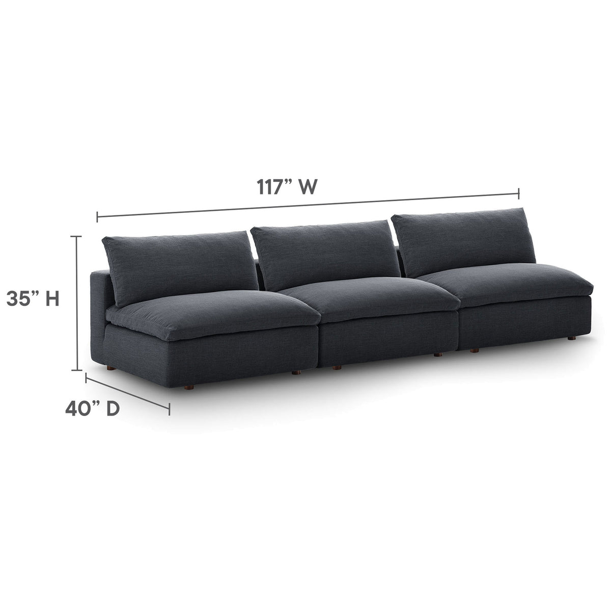 Gray modular sectional sofa showcasing spacious 117 inch width, 40 inch depth, and 35 inch height dimensions || EEI-7043-GRY || dimension_studio