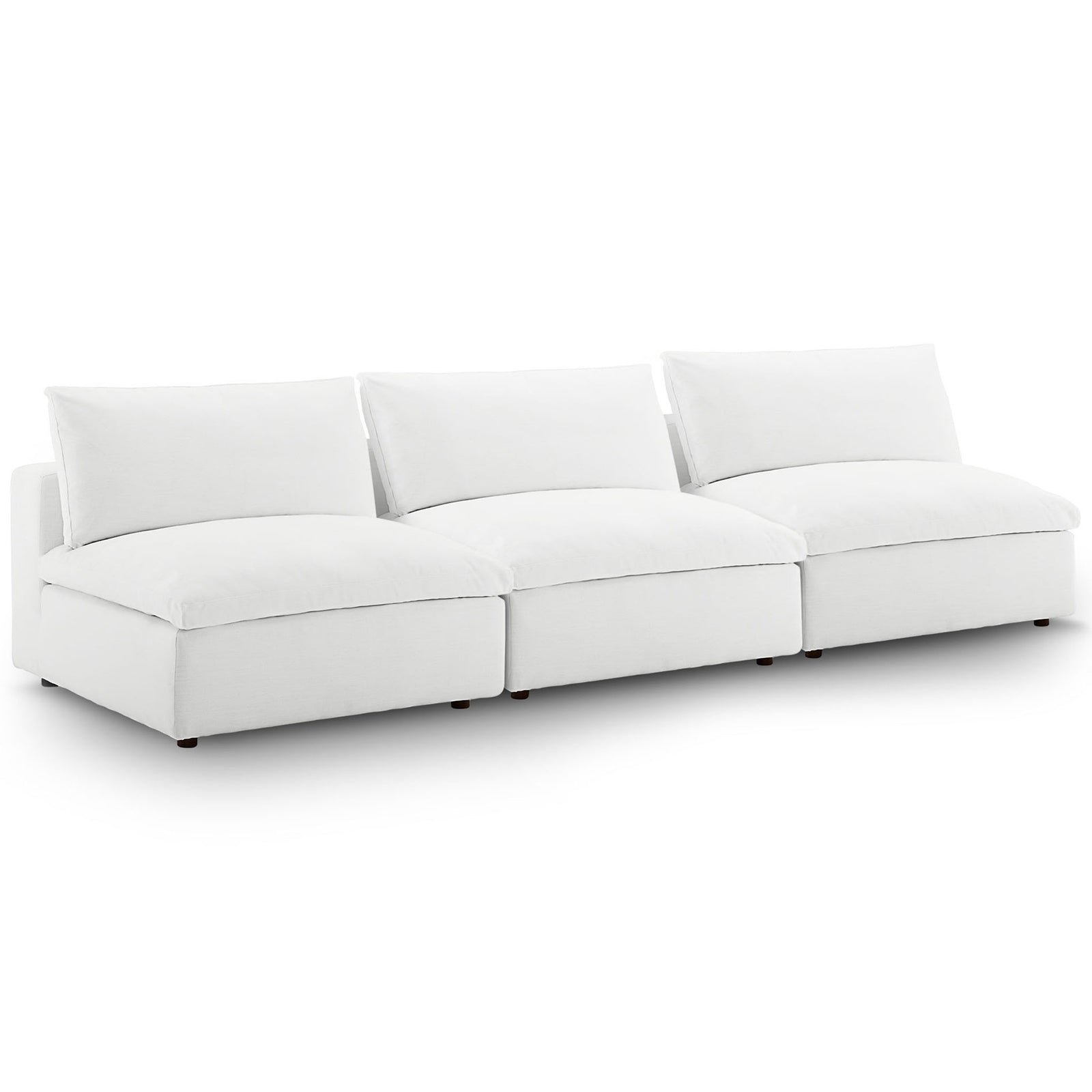 Spacious white modular sofa of three armless seats with generous down-filled seat and back cushions || EEI-7043-WHI || front_angle_multi_studio