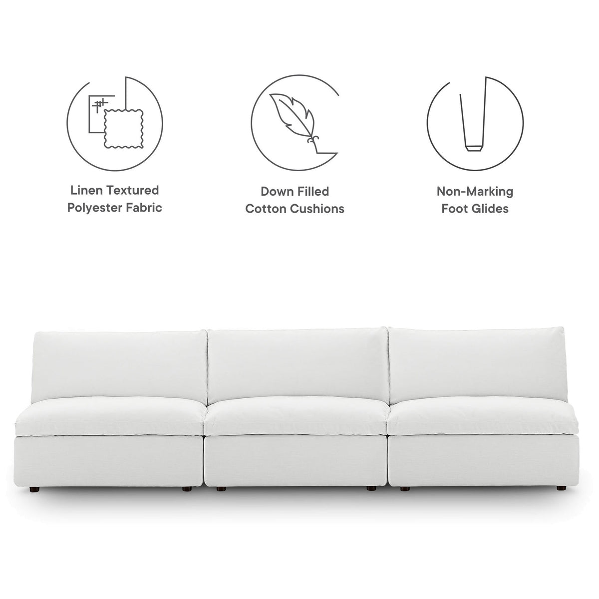 White three-seat modular sofa with linen-texture upholstery, down-filled cushions, and non-marking feet || EEI-7043-WHI || callout_studio