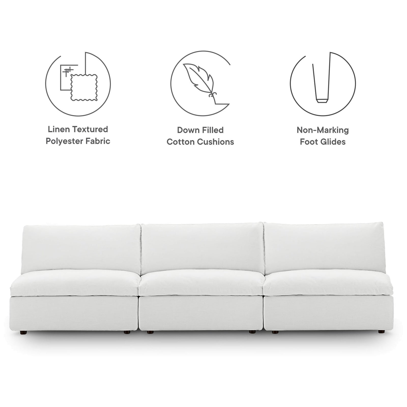 White three-seat modular sofa with linen-texture upholstery, down-filled cushions, and non-marking feet || EEI-7043-WHI || callout_studio