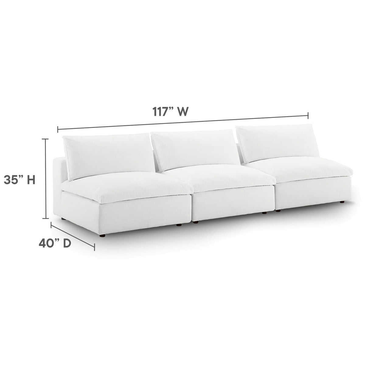 White three-piece armless sectional sofa with deep cushions shown with overall width, depth, and height dimensions || EEI-7043-WHI || dimension_studio