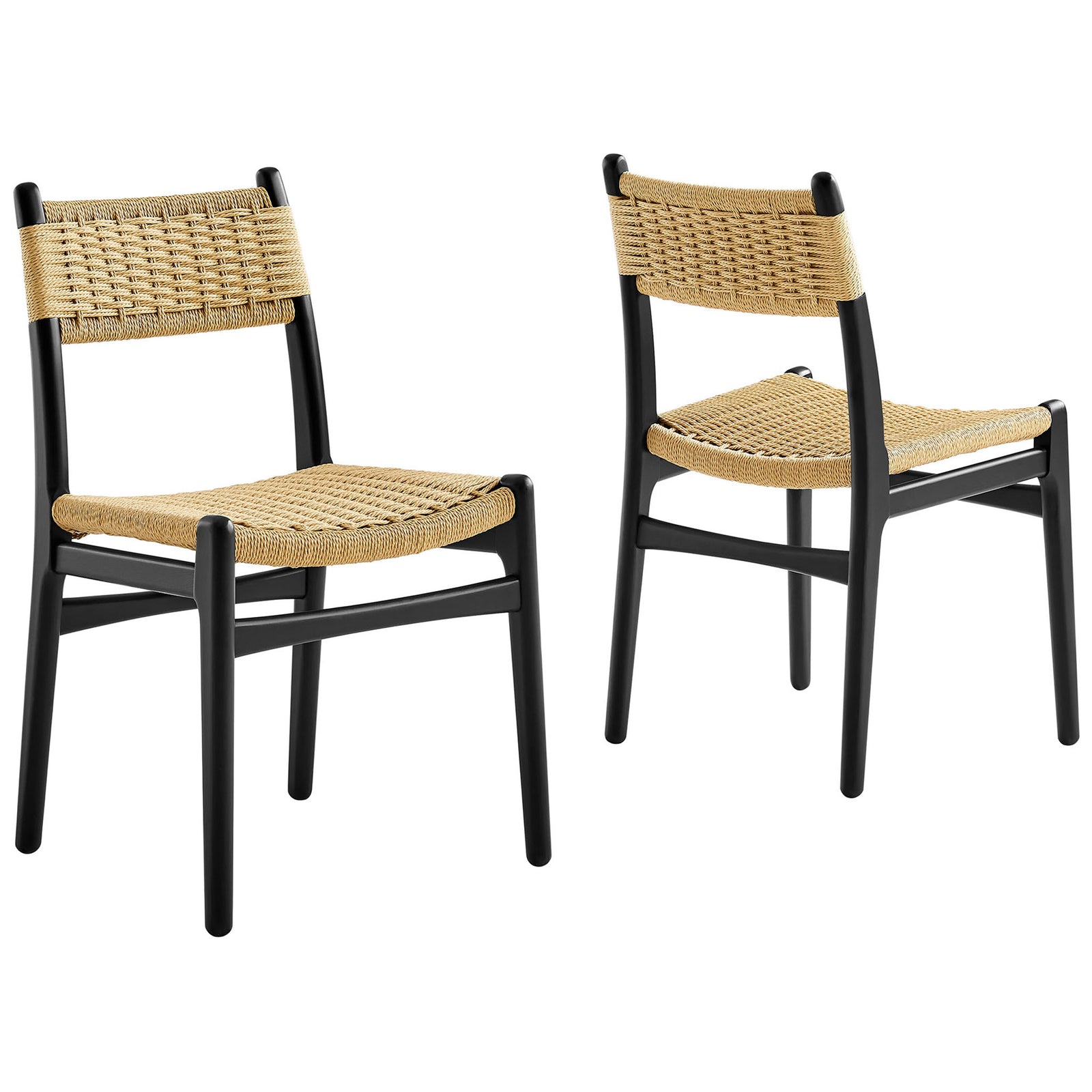 Set of two black wood dining chairs with natural woven rope seats and backs || EEI-7044-BLK-NAT || front_angle_multi_studio