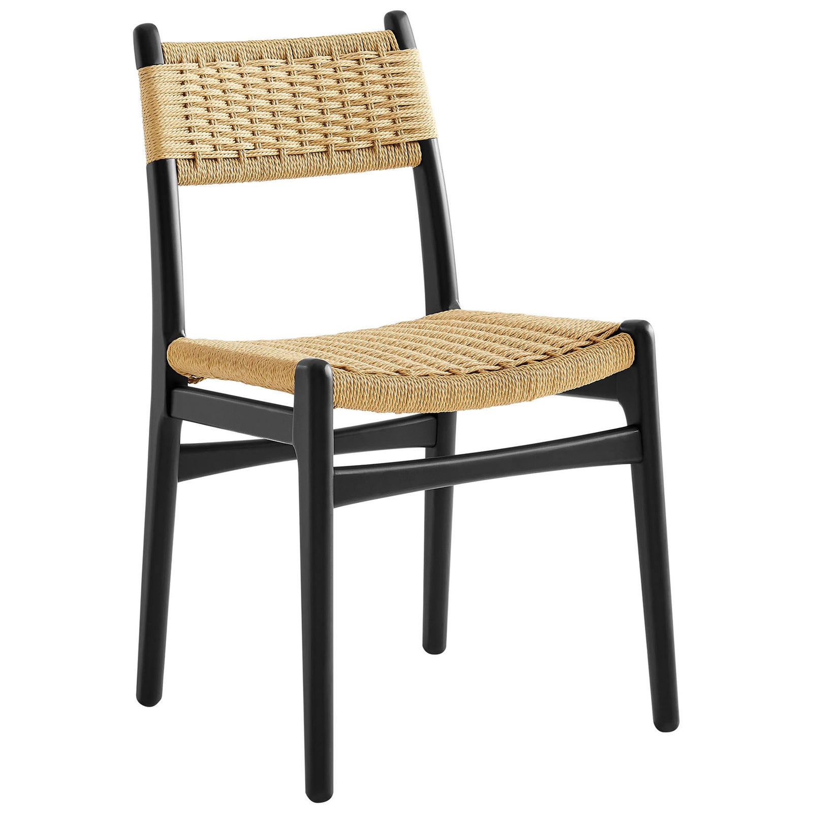 Curved black wood dining chair with airy natural rope seat and back || EEI-7044-BLK-NAT || front_angle_studio