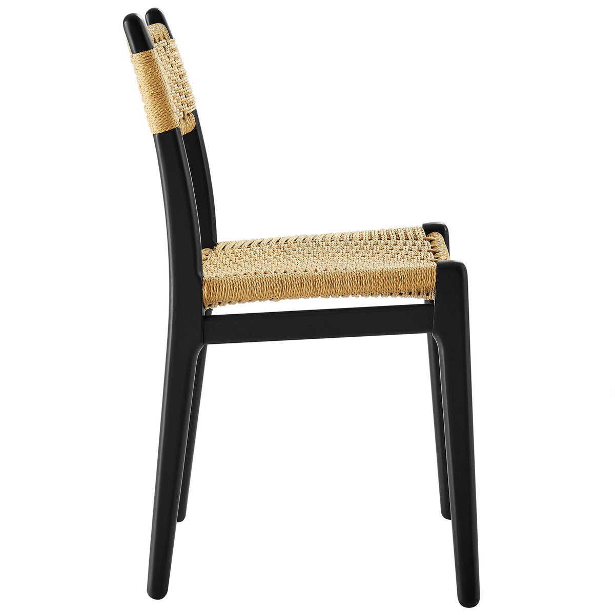Slim side profile of black wood dining chair with woven natural rope seat || EEI-7044-BLK-NAT || side_studio