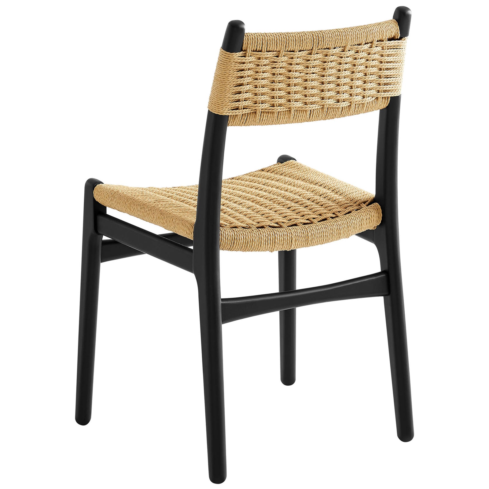 Rear view of black wood dining chair showcasing the textured woven rope back and seat || EEI-7044-BLK-NAT || back_angle_studio