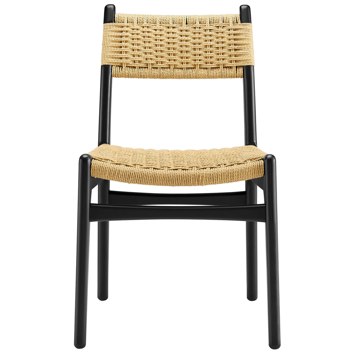 Black wood dining side chair with natural woven rope seat and backrest || EEI-7044-BLK-NAT || front_studio