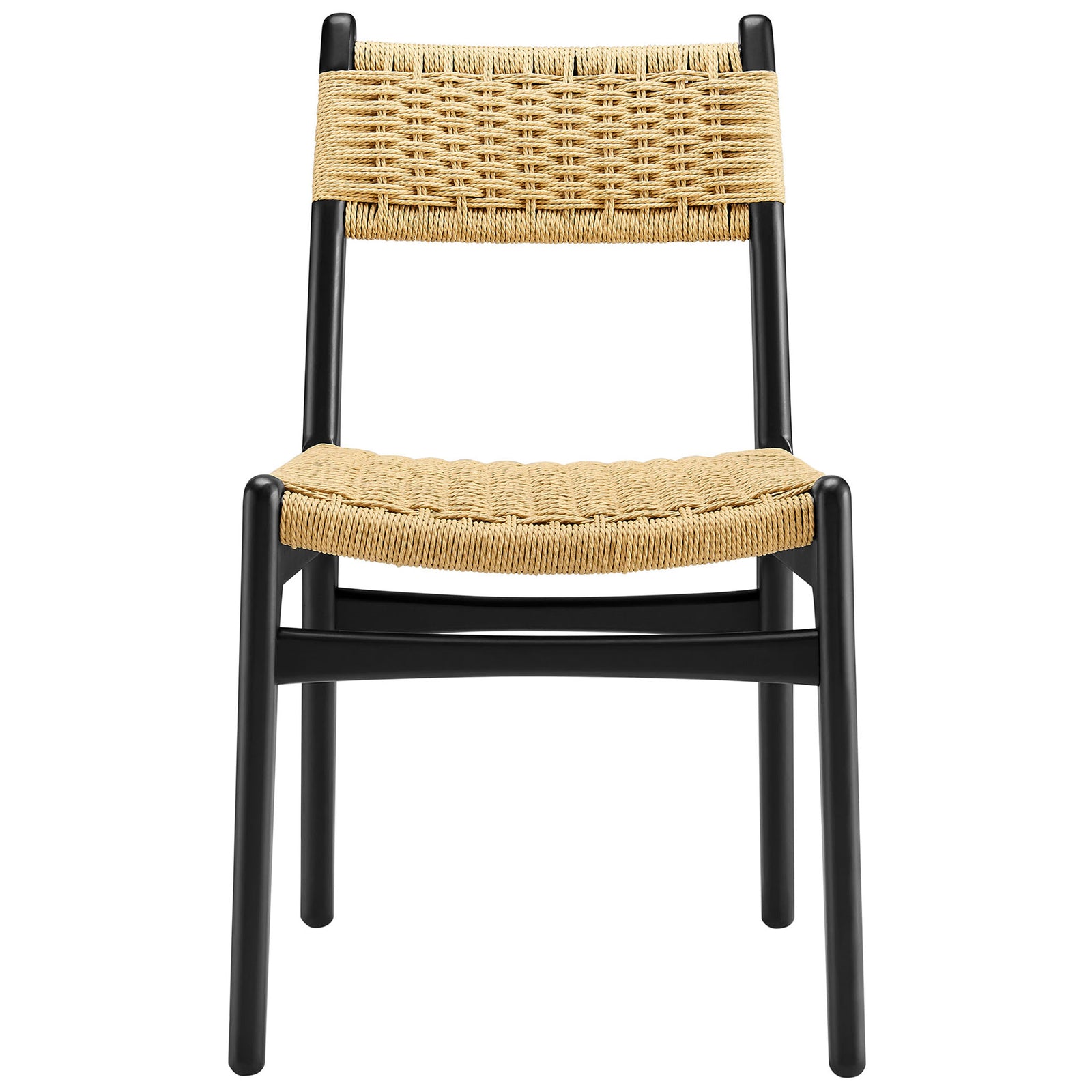 Black wood dining side chair with natural woven rope seat and backrest || EEI-7044-BLK-NAT || front_studio