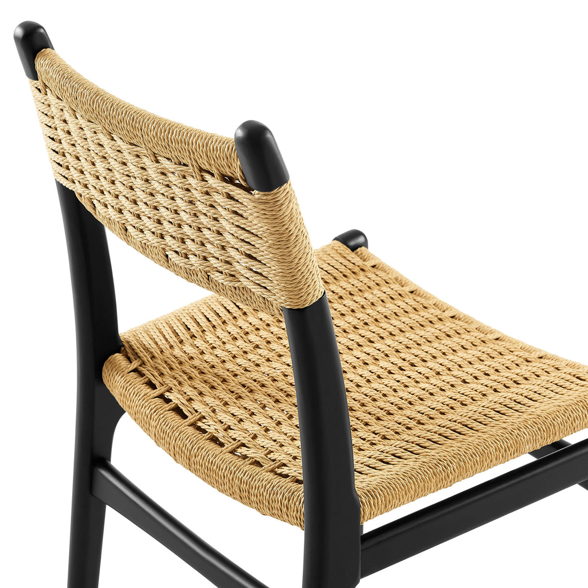 Textured woven rope backrest and seat pattern on black wood dining chair || EEI-7044-BLK-NAT || detail_studio