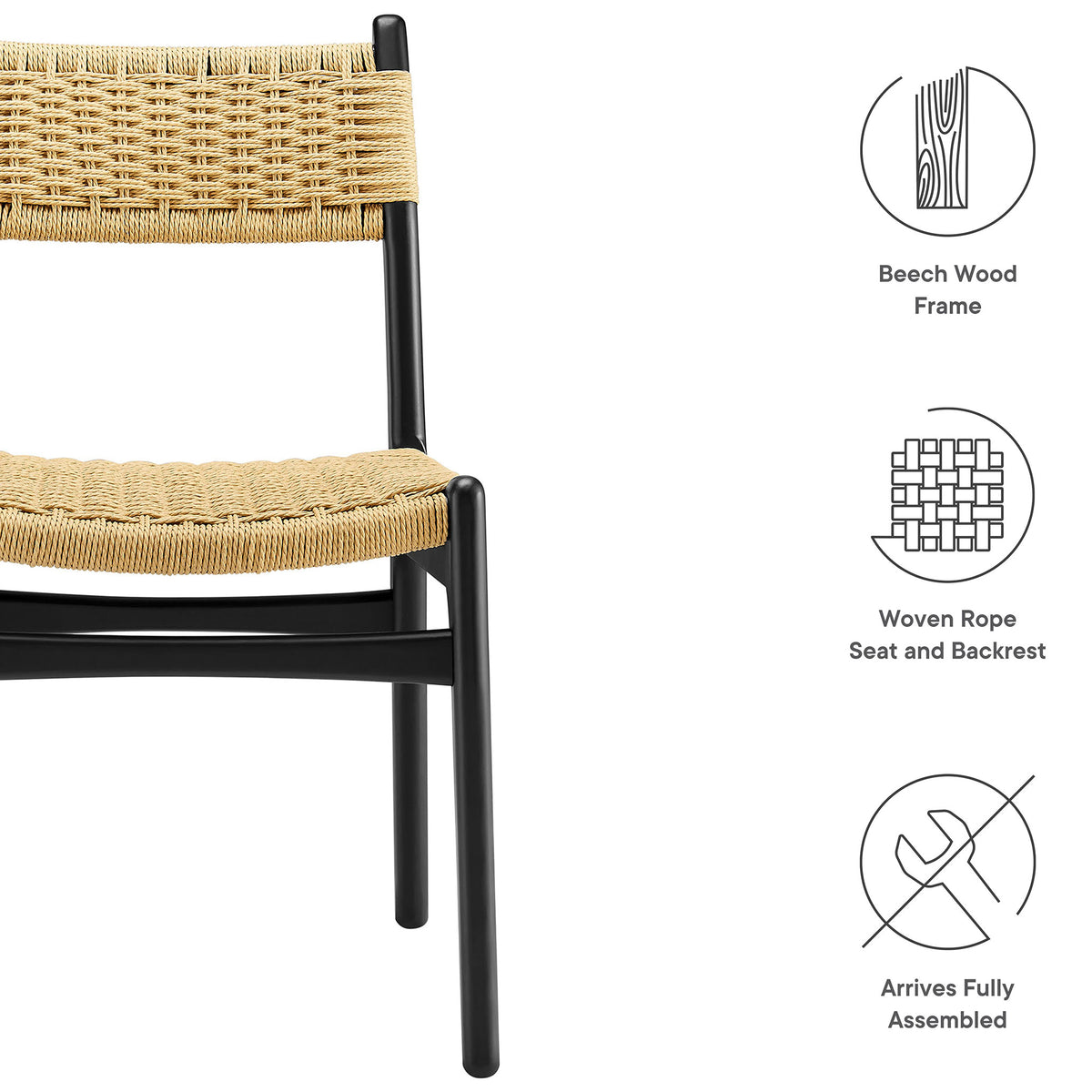 Black wood chair with natural rope seat and back plus icons highlighting key features || EEI-7044-BLK-NAT || callout_studio