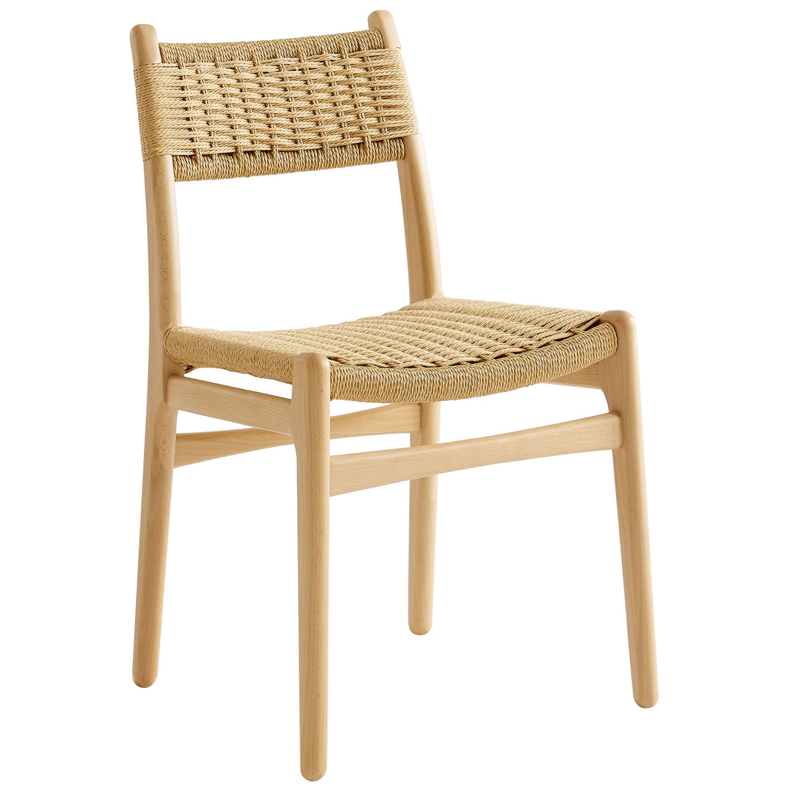 Natural rope seat and backrest pair with a smooth beech wood frame for relaxed modern dining comfort. || EEI-7044-NAT-NAT || front_angle_studio