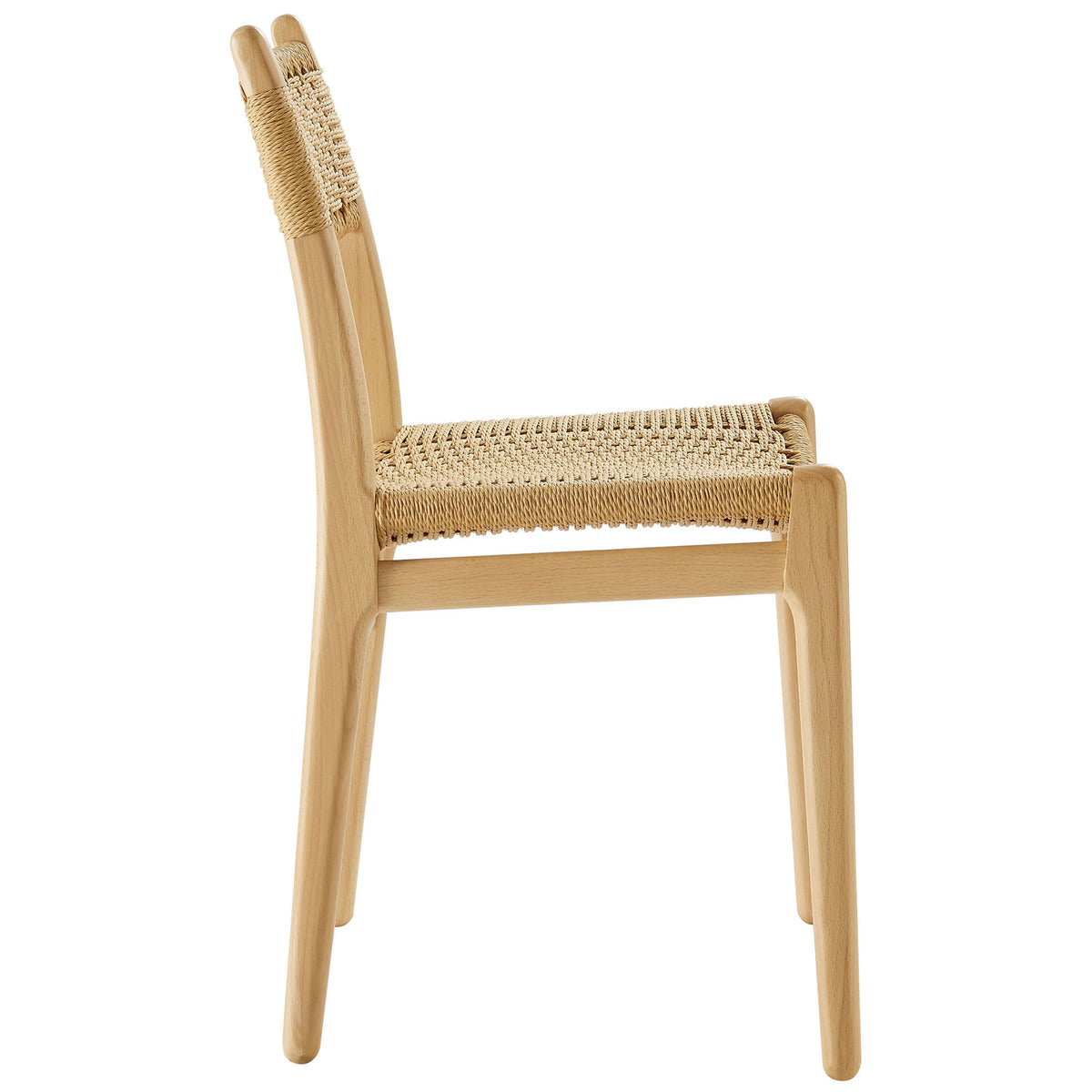 Streamlined profile showcases the woven rope seat, rounded edges, and tapered beech wood legs. || EEI-7044-NAT-NAT || side_studio