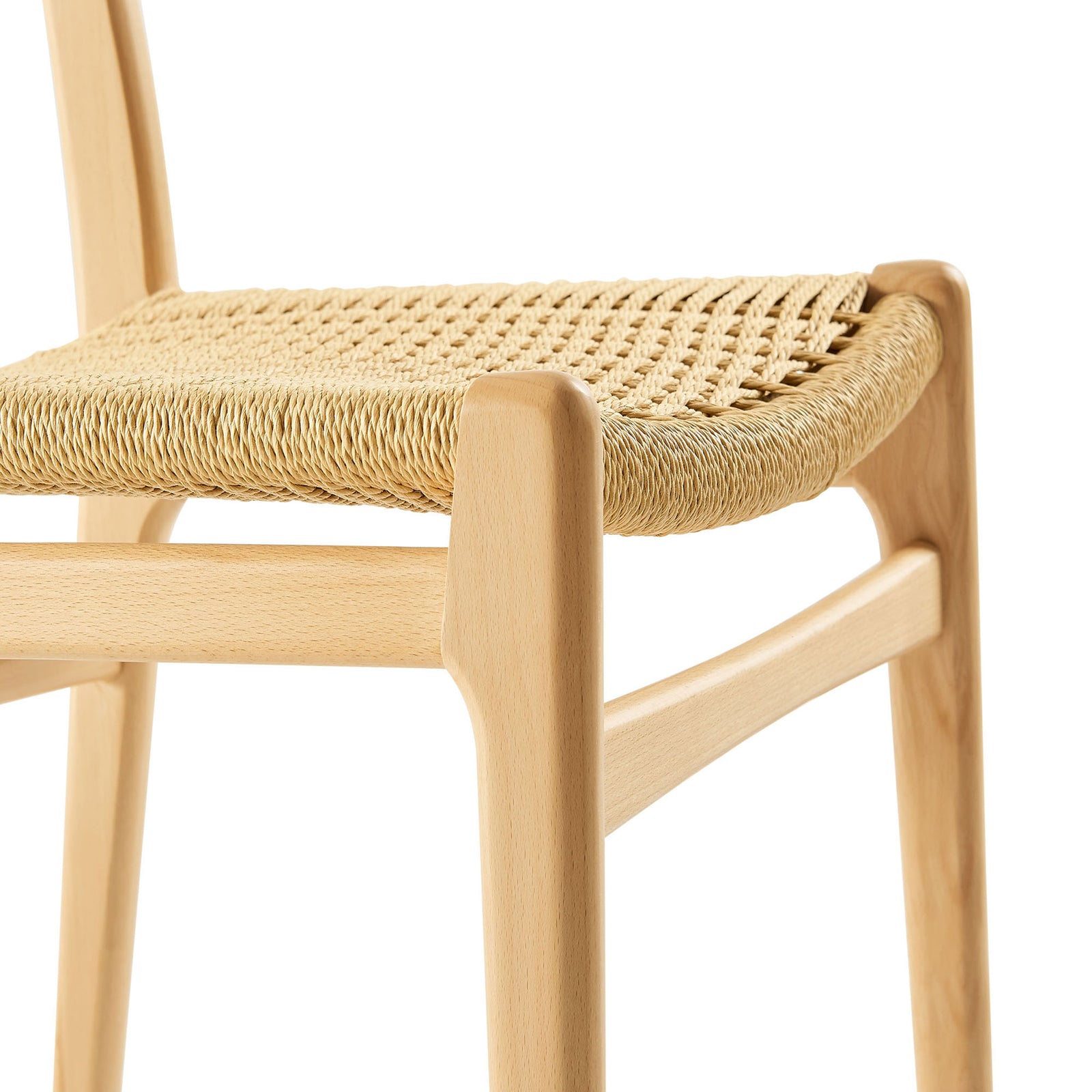 Sculpted wood frame meets tightly woven rope seat, showcasing smooth, rounded edges. || EEI-7044-NAT-NAT || detail_studio