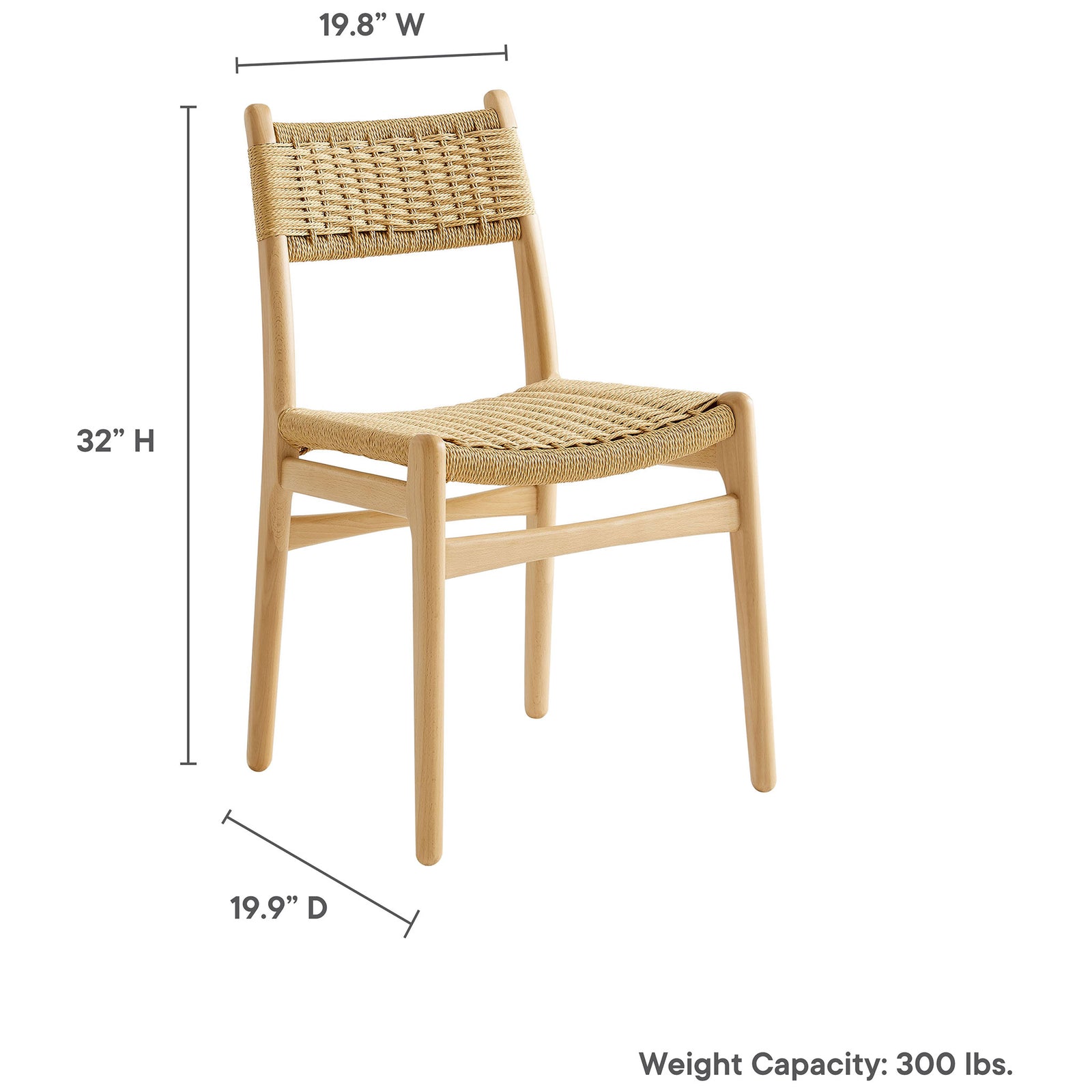 Dimension overview for the natural rope and wood dining side chair with labeled height, width, and depth. || EEI-7044-NAT-NAT || dimension_studio