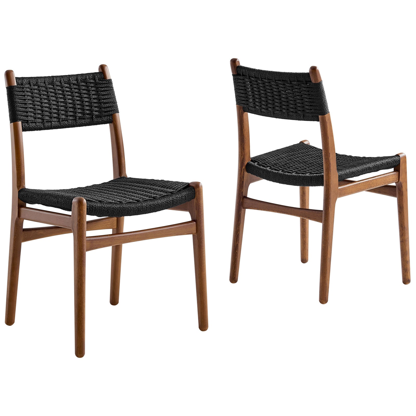 Pair of black rope and walnut dining chairs bringing airy texture and mid-century warmth to your table || EEI-7044-WAL-BLK || front_angle_multi_studio