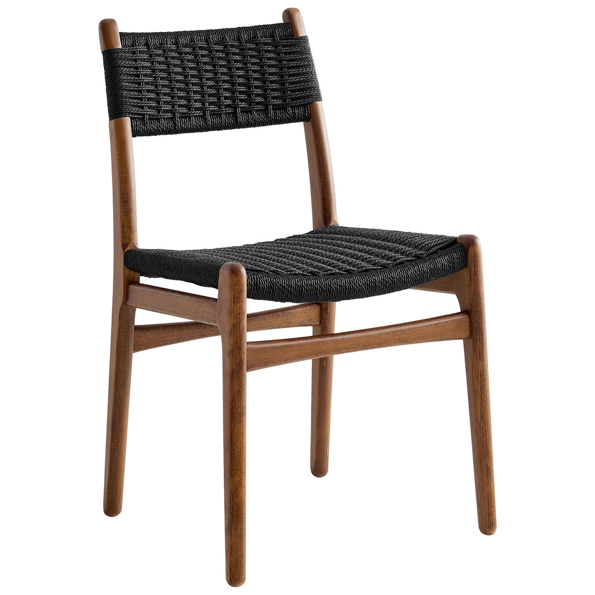 Sleek rope and wood dining chair showcasing black woven seat on a smooth walnut finish frame || EEI-7044-WAL-BLK || front_angle_studio