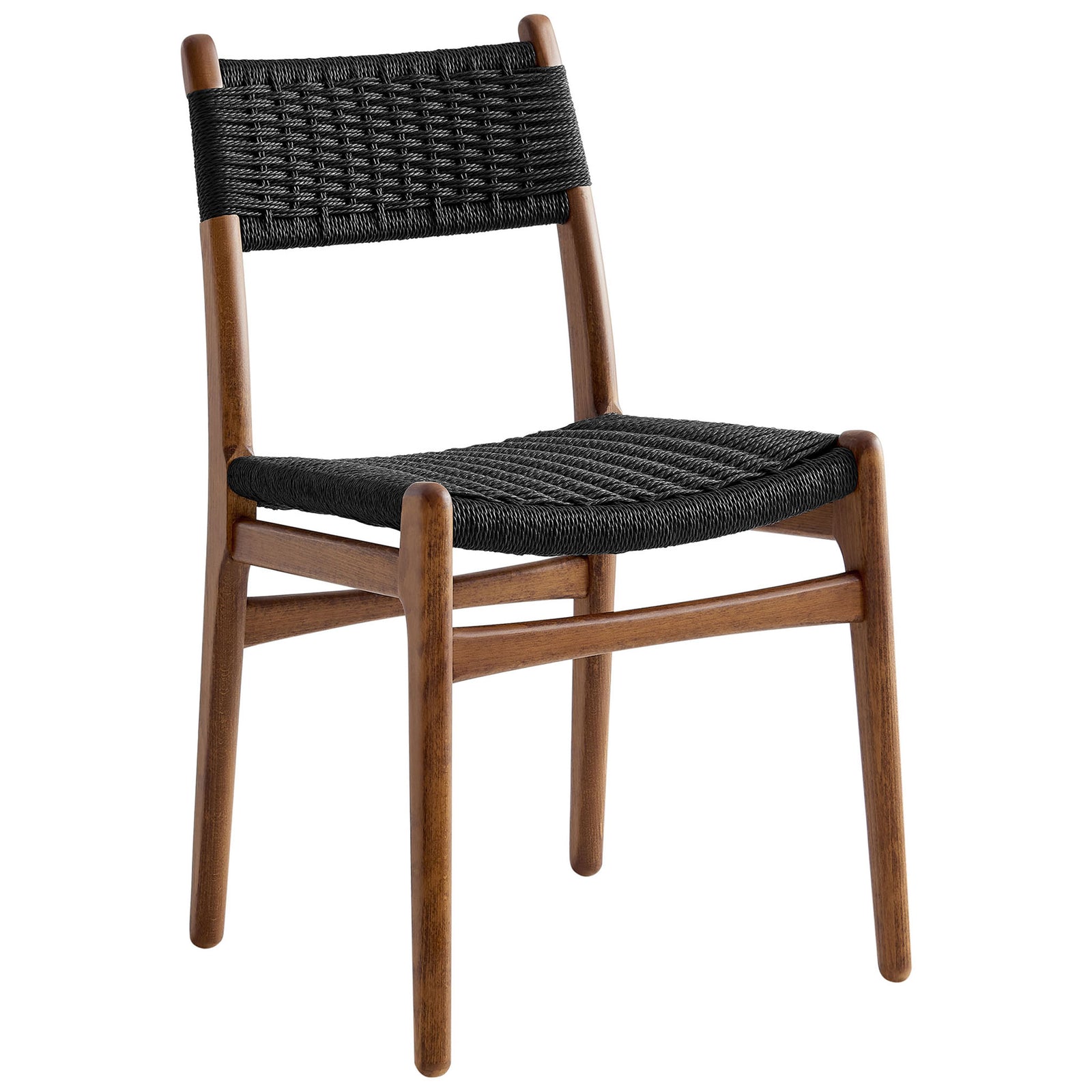 Sleek rope and wood dining chair showcasing black woven seat on a smooth walnut finish frame || EEI-7044-WAL-BLK || front_angle_studio
