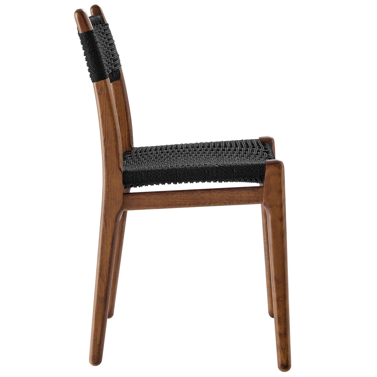 Profile view of dining chair with tapered walnut legs and tightly woven black rope seat || EEI-7044-WAL-BLK || side_studio