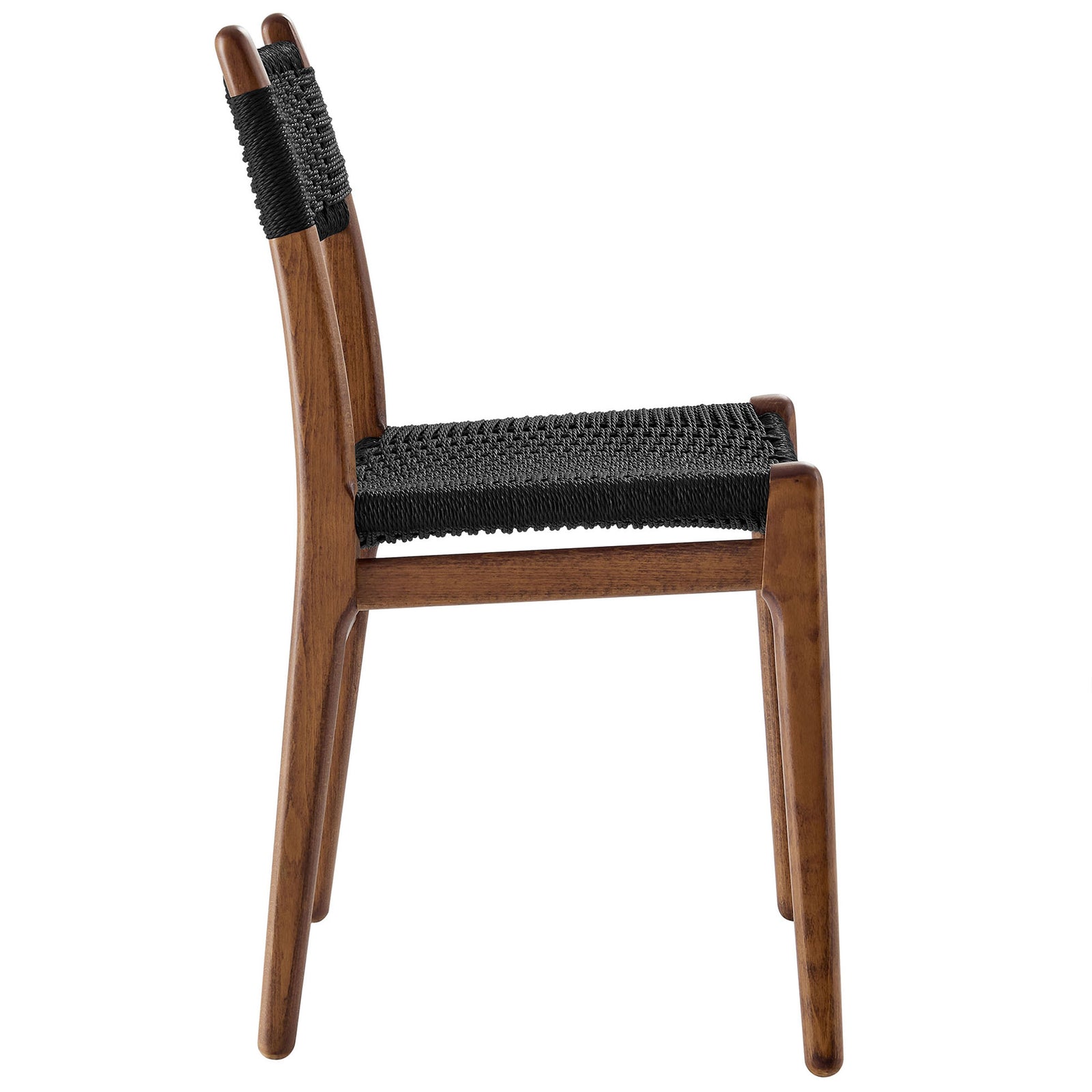 Profile view of dining chair with tapered walnut legs and tightly woven black rope seat || EEI-7044-WAL-BLK || side_studio
