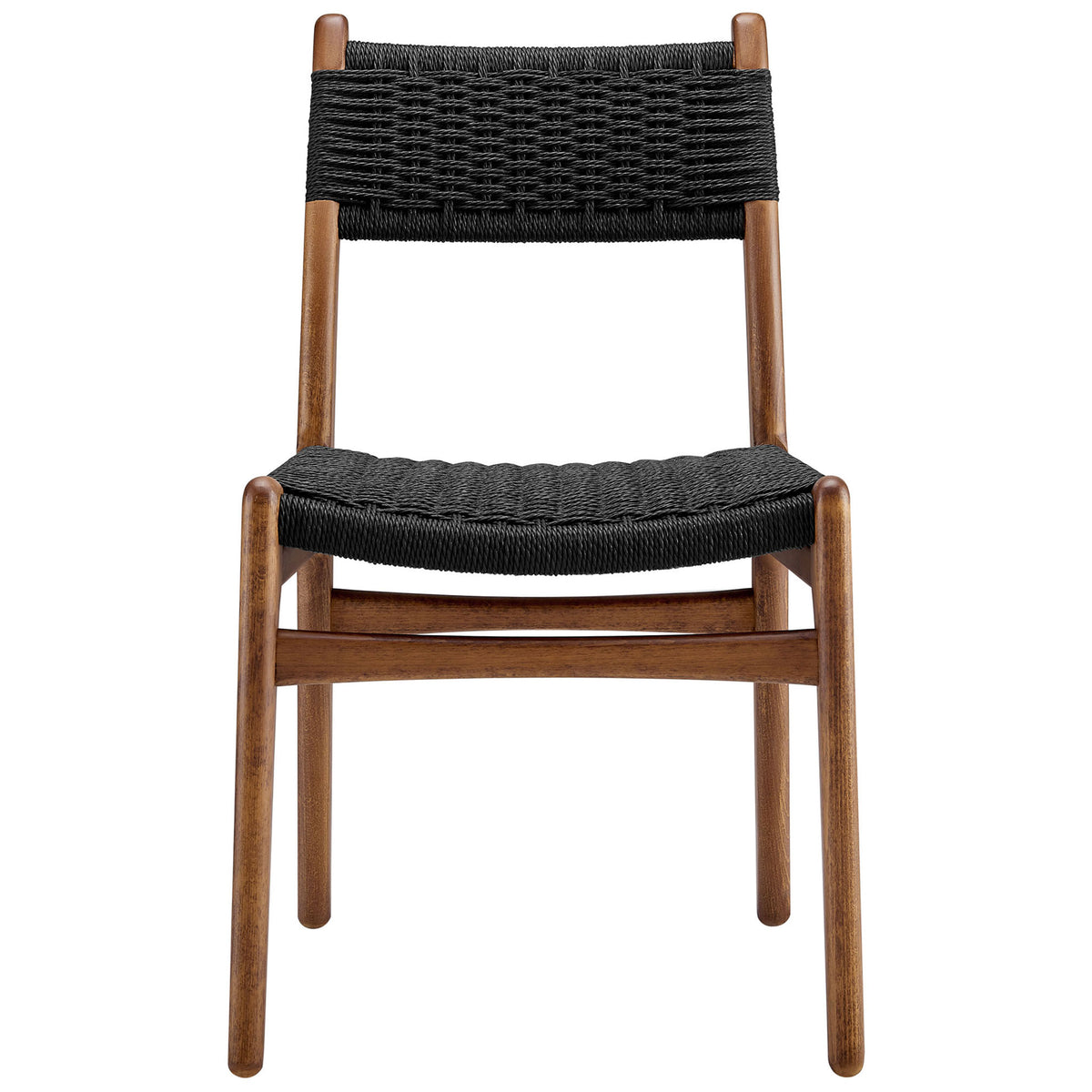 Front view of black rope dining chair with gently curved walnut wood frame and supportive backrest || EEI-7044-WAL-BLK || front_studio