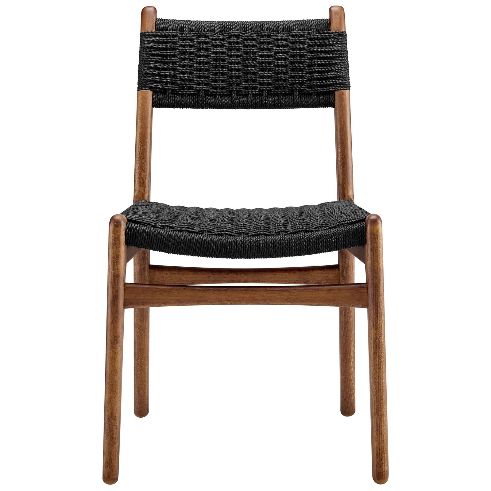 Front view of black rope dining chair with gently curved walnut wood frame and supportive backrest || EEI-7044-WAL-BLK || front_studio