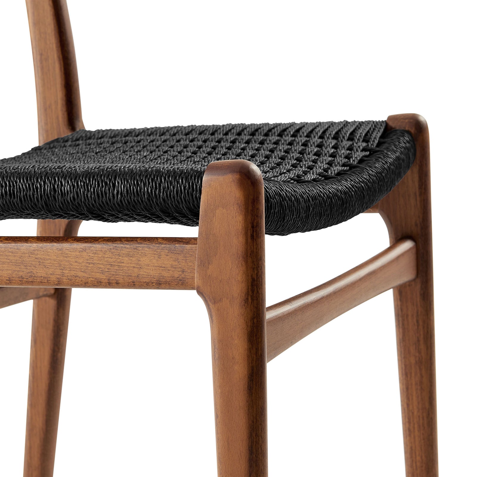 Woven black rope seat tightly wrapped around rounded walnut frame for supportive dining comfort || EEI-7044-WAL-BLK || detail_studio
