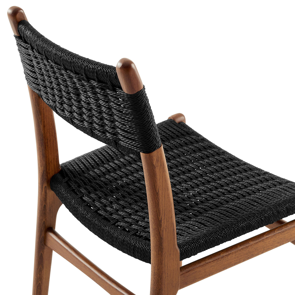 Textured black rope backrest and seat paired with smooth walnut posts for modern organic style || EEI-7044-WAL-BLK || detail_studio