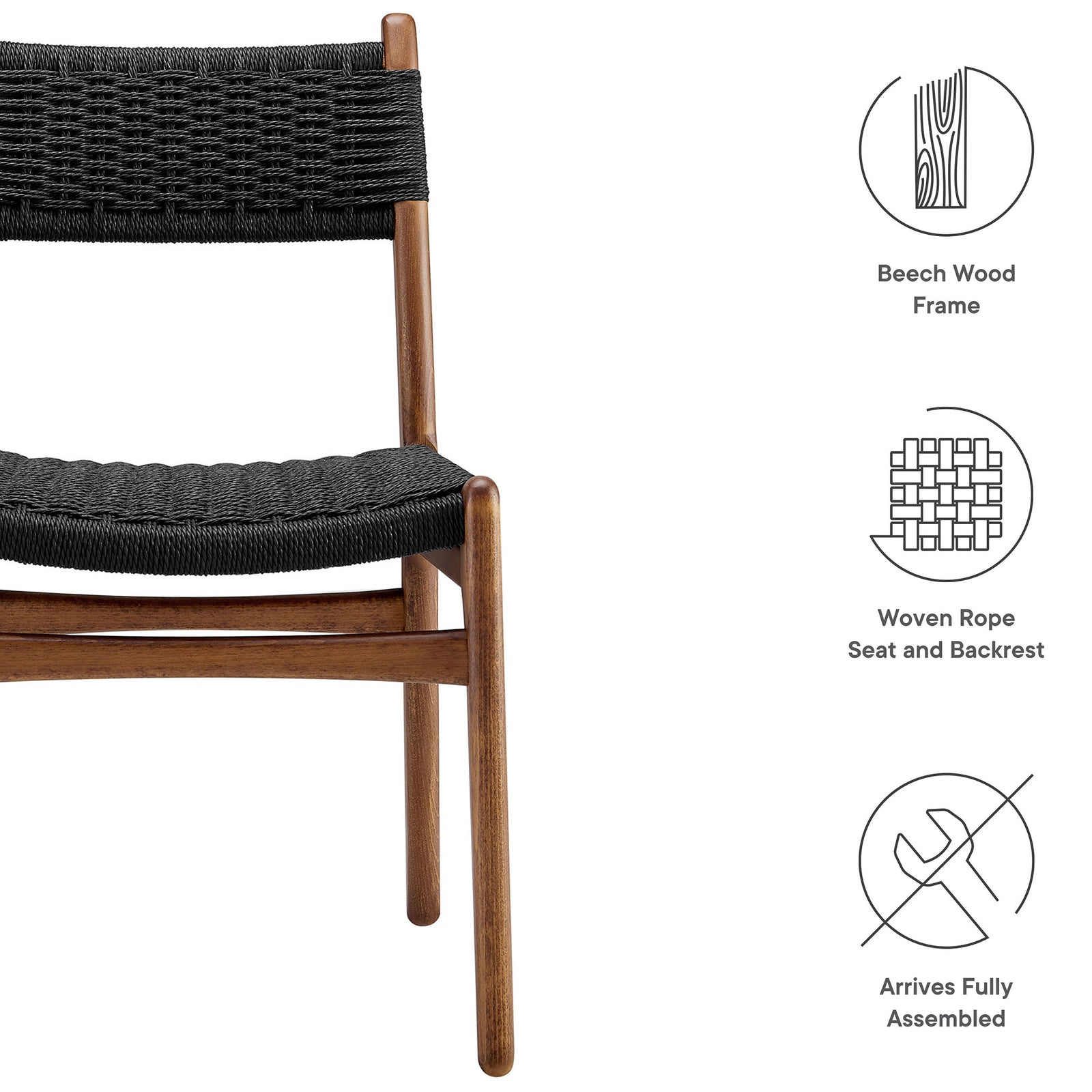 Feature graphic highlighting beech wood frame, woven rope seat and backrest, and fully assembled convenience || EEI-7044-WAL-BLK || callout_studio