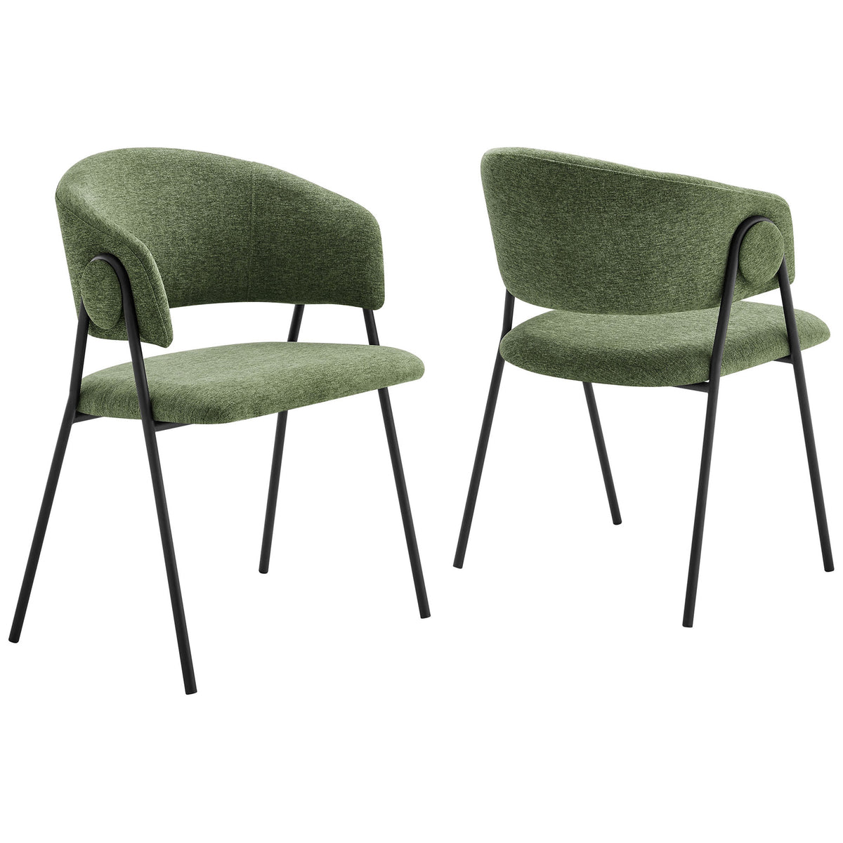 Pair of barrel back green chenille dining chairs with splayed black metal legs and round side accents || EEI-7045-EUC-BLK || front_angle_multi_studio