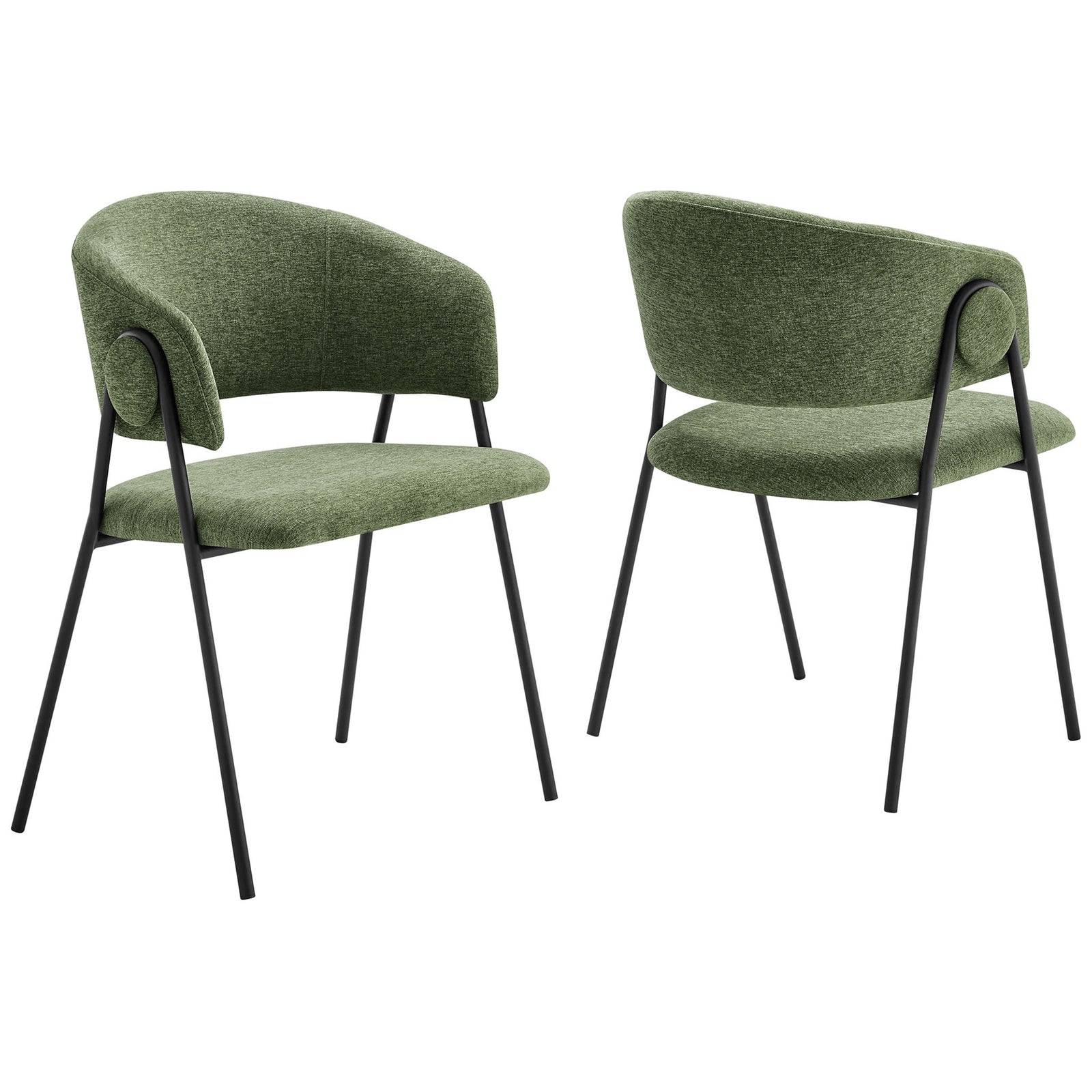 Pair of barrel back green chenille dining chairs with splayed black metal legs and round side accents || EEI-7045-EUC-BLK || front_angle_multi_studio
