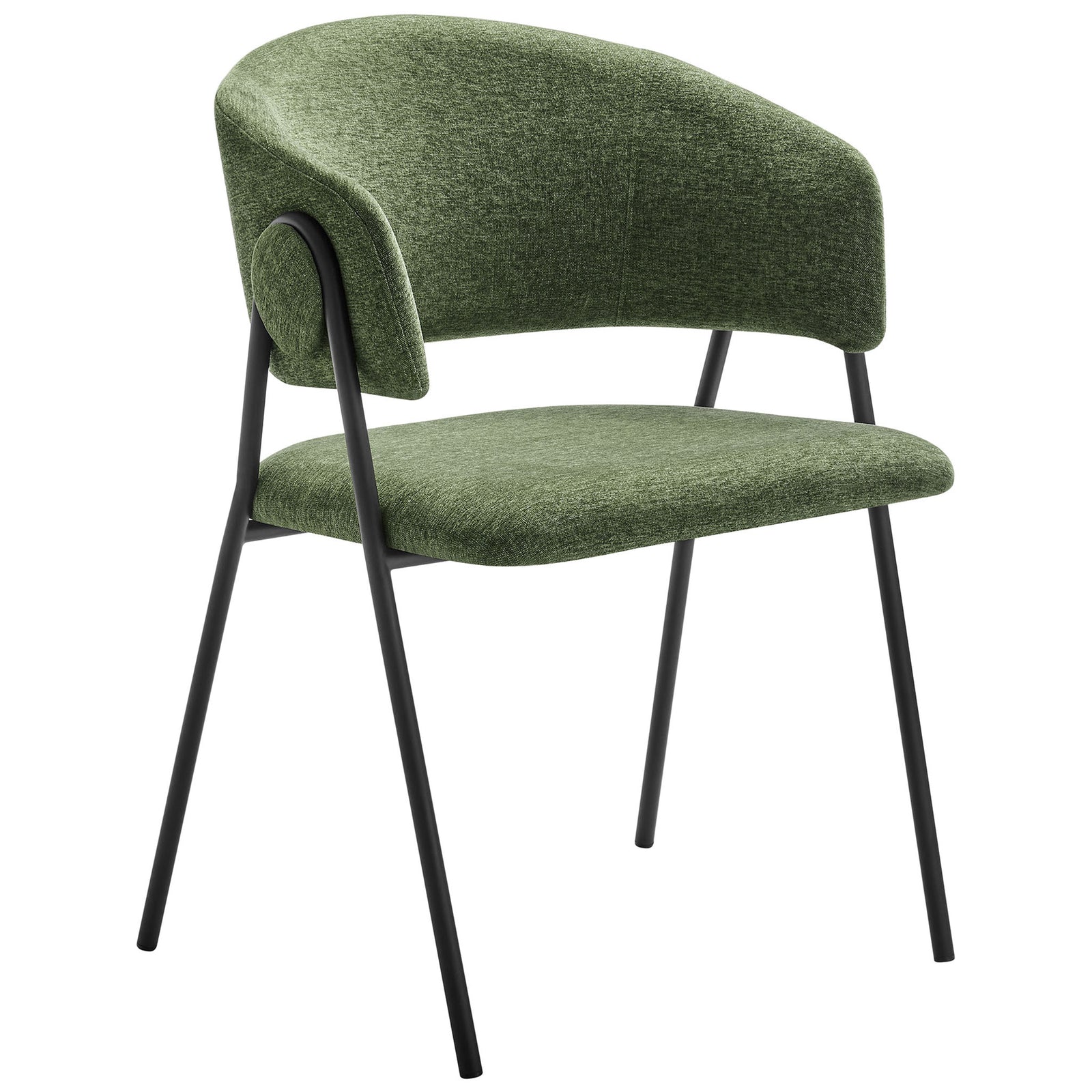 Curved barrel back green chenille dining chair with open lower back and slim black metal legs || EEI-7045-EUC-BLK || front_angle_studio