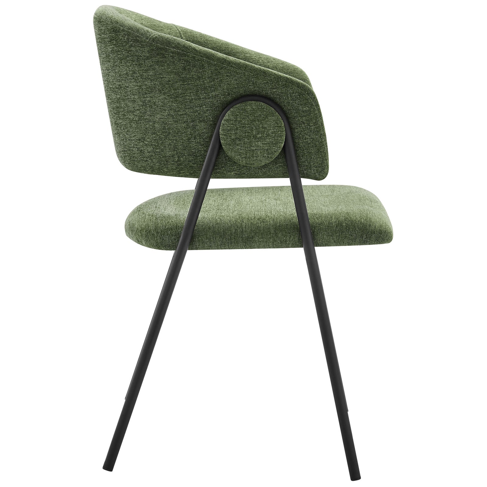 Green chenille dining chair with sculpted barrel back and angled black metal legs || EEI-7045-EUC-BLK || side_studio