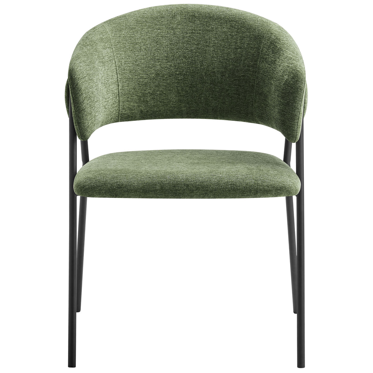 Green heathered chenille dining chair with open back design and supportive cushioned seat on black metal legs || EEI-7045-EUC-BLK || front_studio