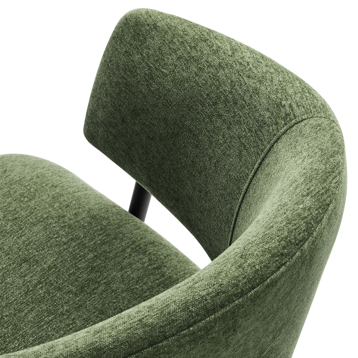 Soft textured green chenille upholstery with gracefully curved barrel back for inviting dining comfort || EEI-7045-EUC-BLK || detail_studio